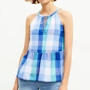 LOFT Womens Top Small Blue Buffalo Check Keyhole Peplum Halter Boho Coastal NWT